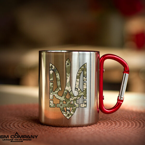 Железная кружка с карабином ТРИЗУБ ПІКСЕЛЬ